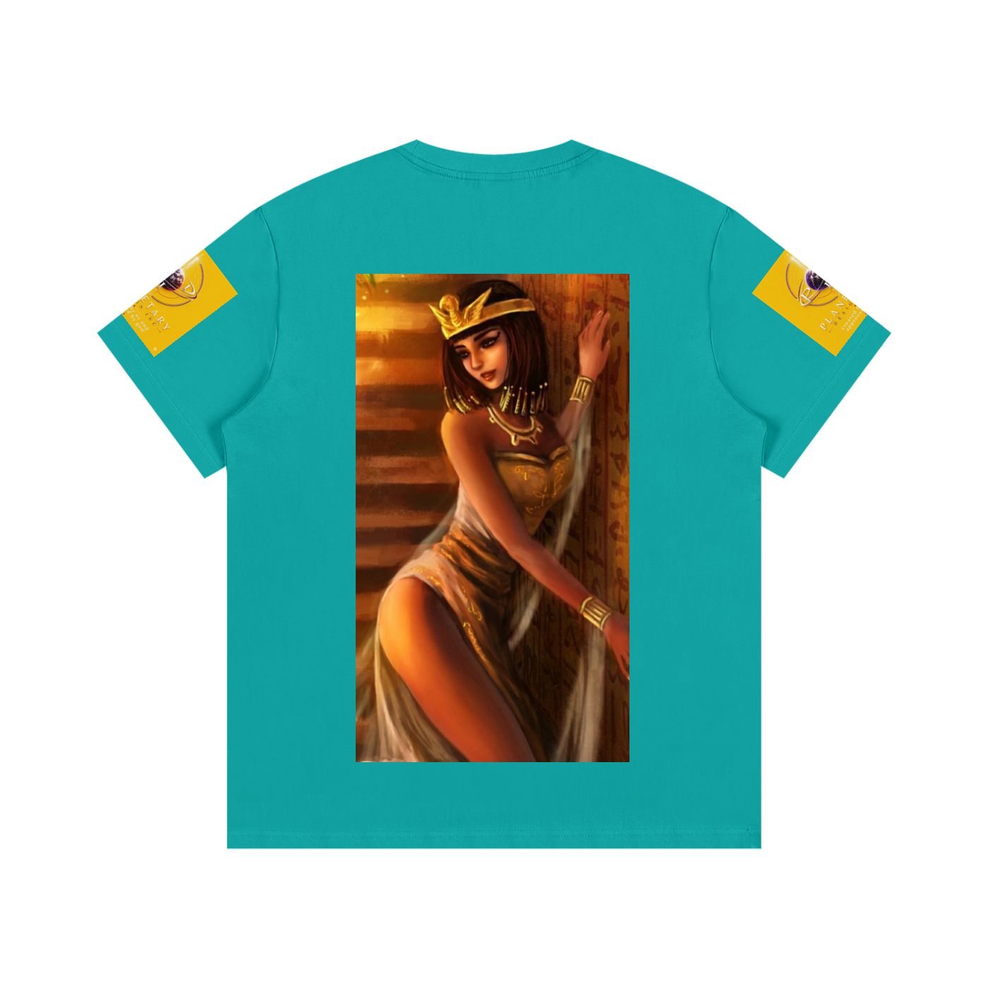 Teal t-shirt with an Egyptian-themed design on a white background