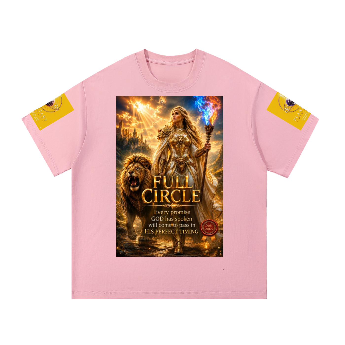 A light pink short-sleeve t-shirt with a large fantasy graphic print on the front featuring a warrior, lion, and the text 'FULL CIRCLE'. The sleeves have yellow graphic patches.