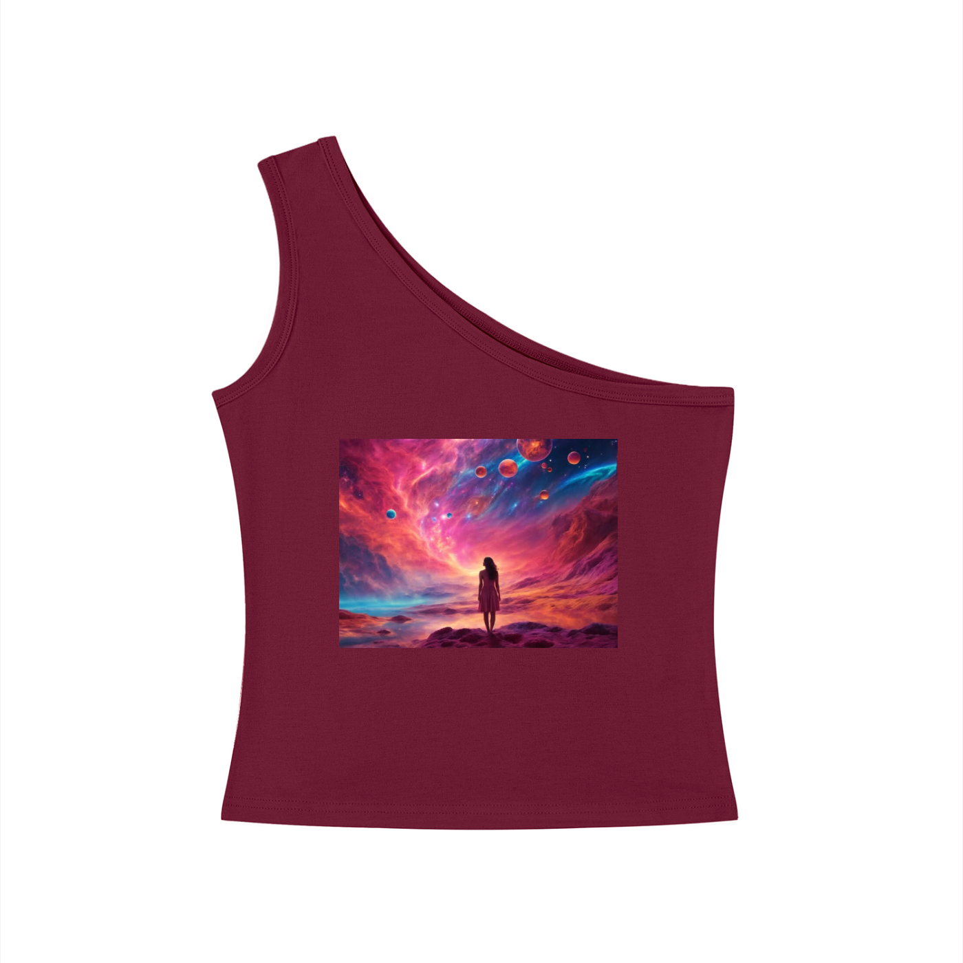 Maroon tank top with a cosmic design on a white background