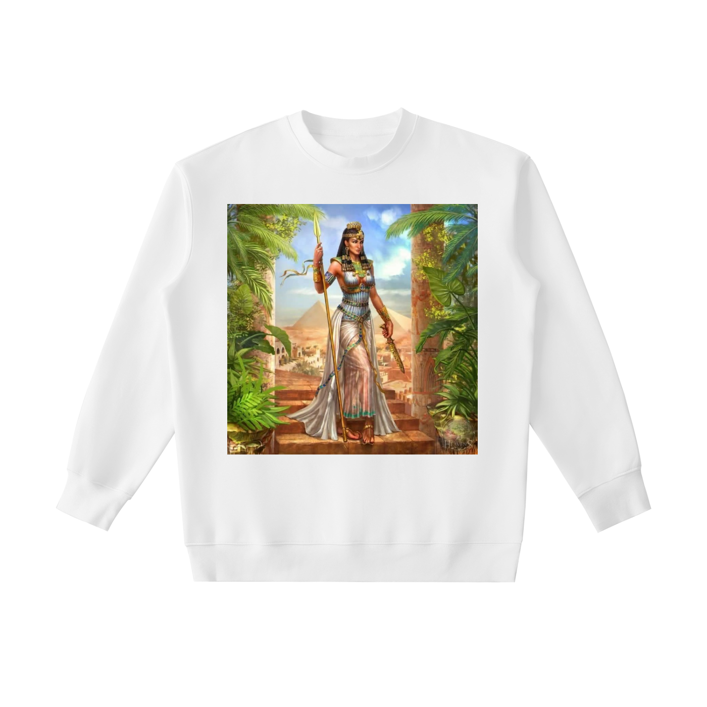 White sweatshirt with an Egyptian-themed graphic on a white background
