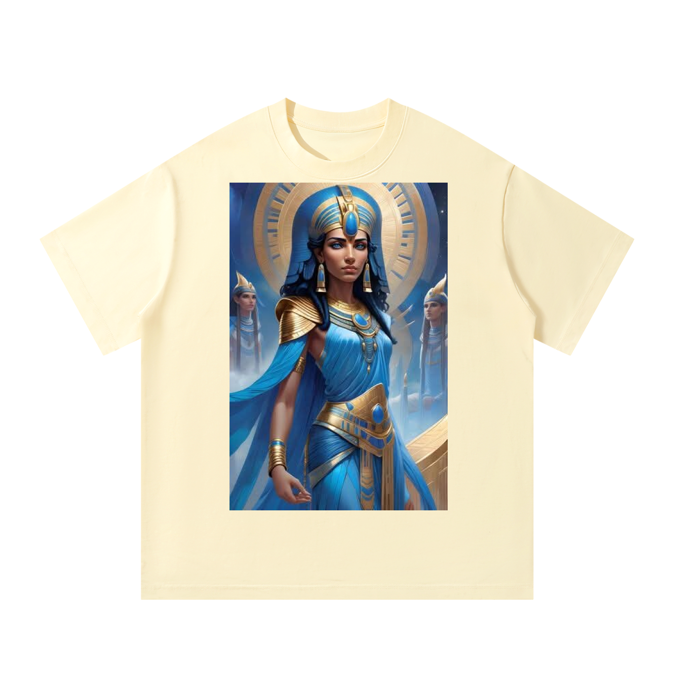 T-shirt with a graphic of a woman in blue and gold attire on a beige background