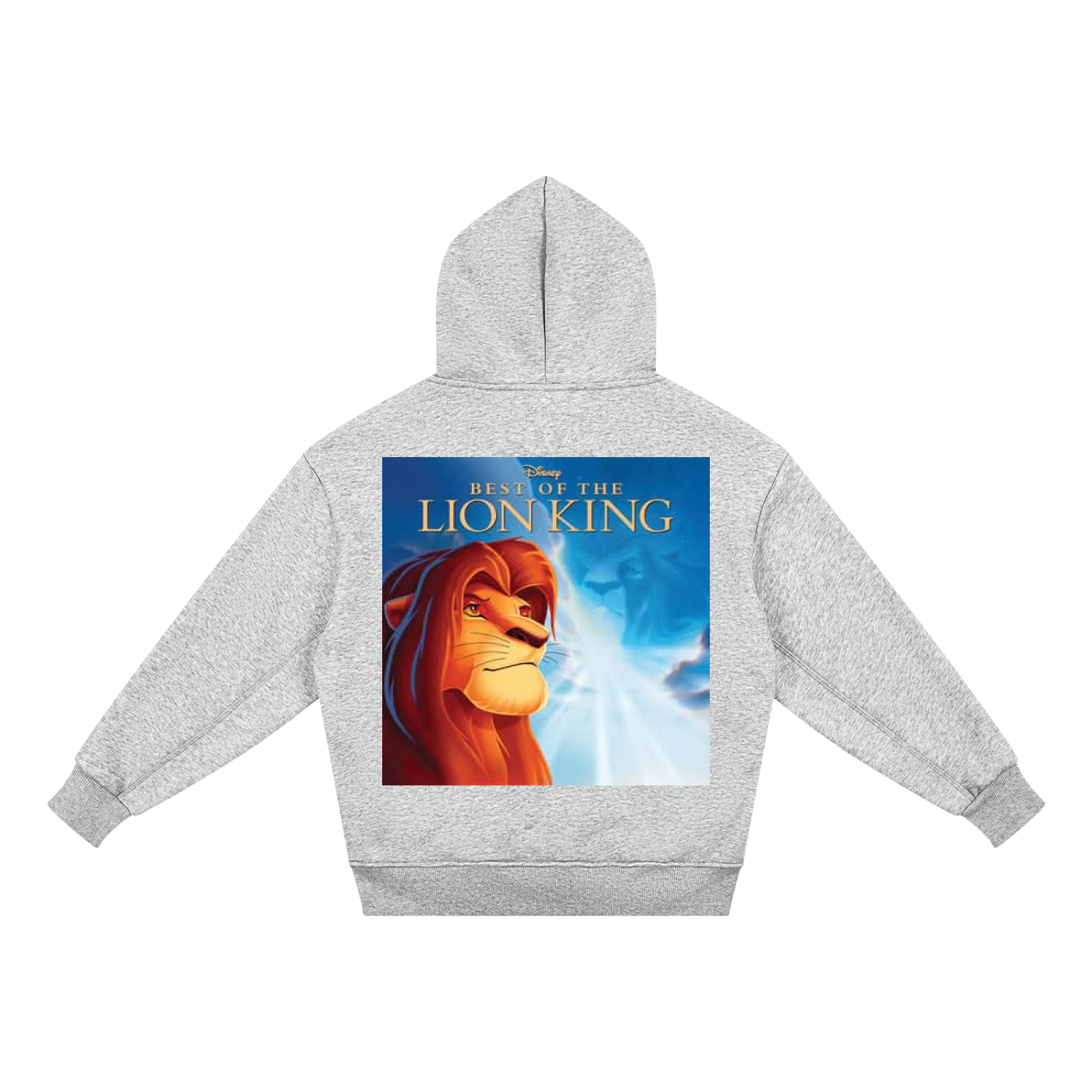 Gray hoodie with 'The Lion King' movie poster on the back against a white background