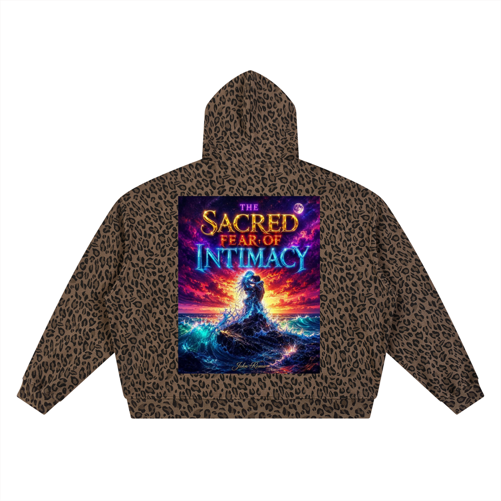 Leopard print hoodie with a colorful graphic and text on the back against a white background