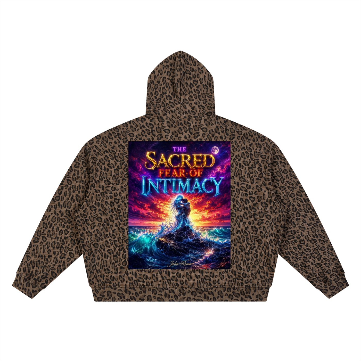 Leopard print hoodie with a colorful graphic and text on the back against a white background