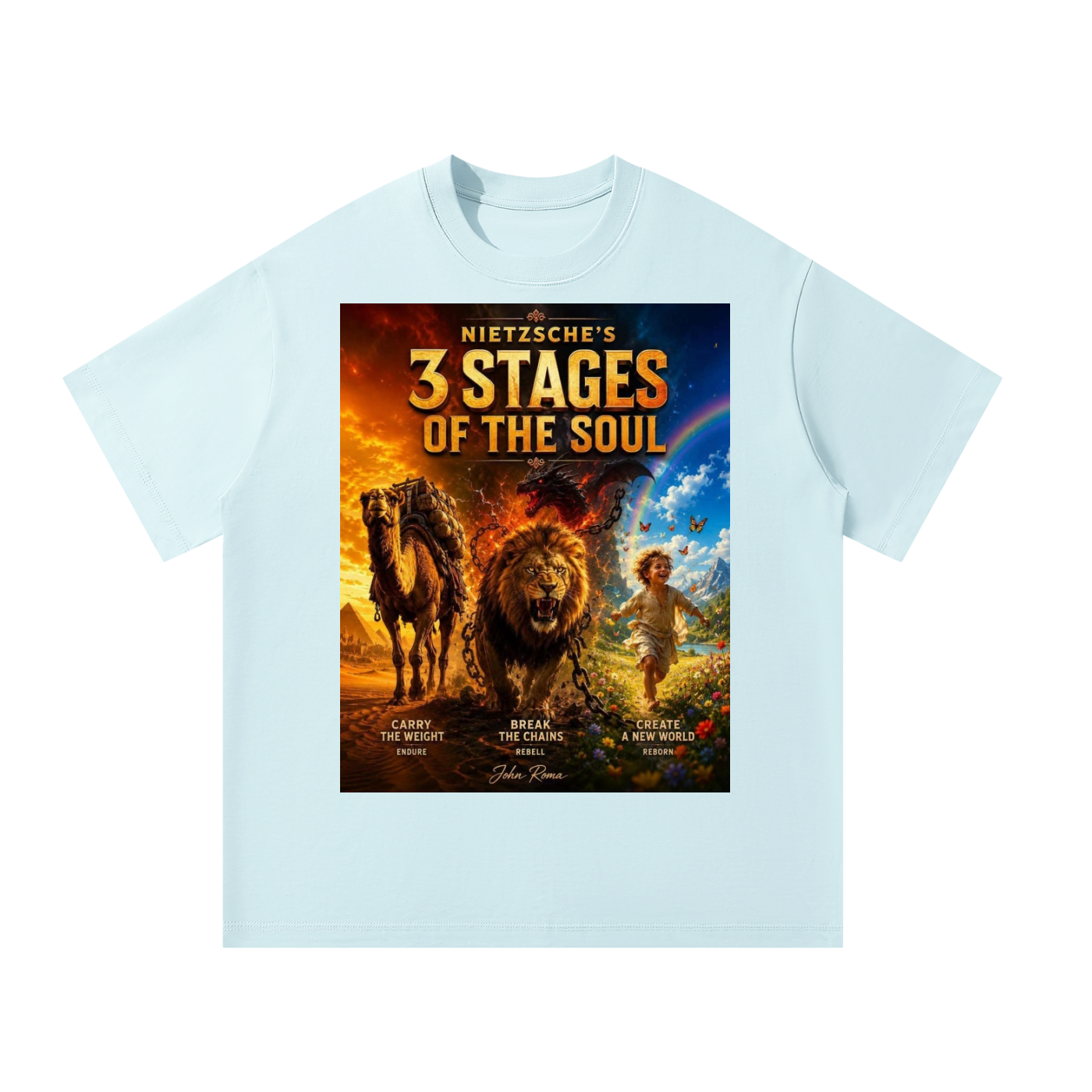Light blue t-shirt with a graphic design of '3 Stages of the Soul' by Nietzsche on a white background