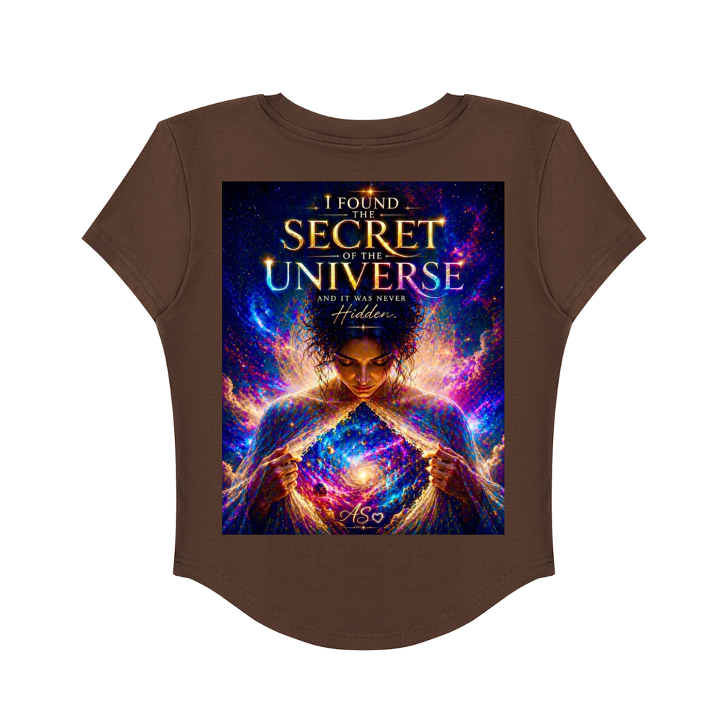 Brown t-shirt with a graphic design of a woman holding a universe and text on a white background
