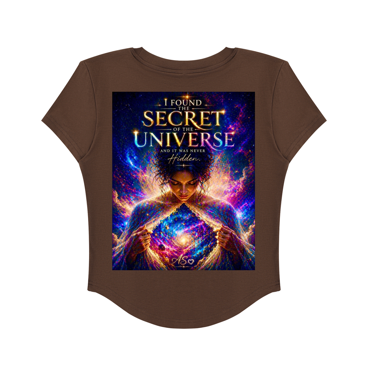 Brown t-shirt with a graphic design of a woman holding a universe and text on a white background
