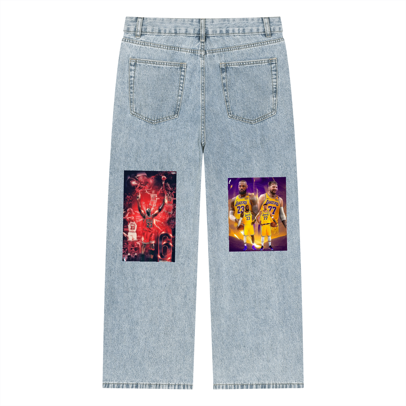 Light blue jeans with two graphic patches on a white background