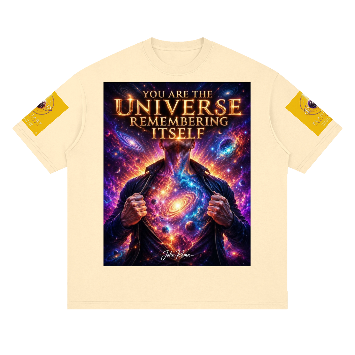 T-shirt with cosmic design and text 'You are the Universe Remembering Itself' on a beige background