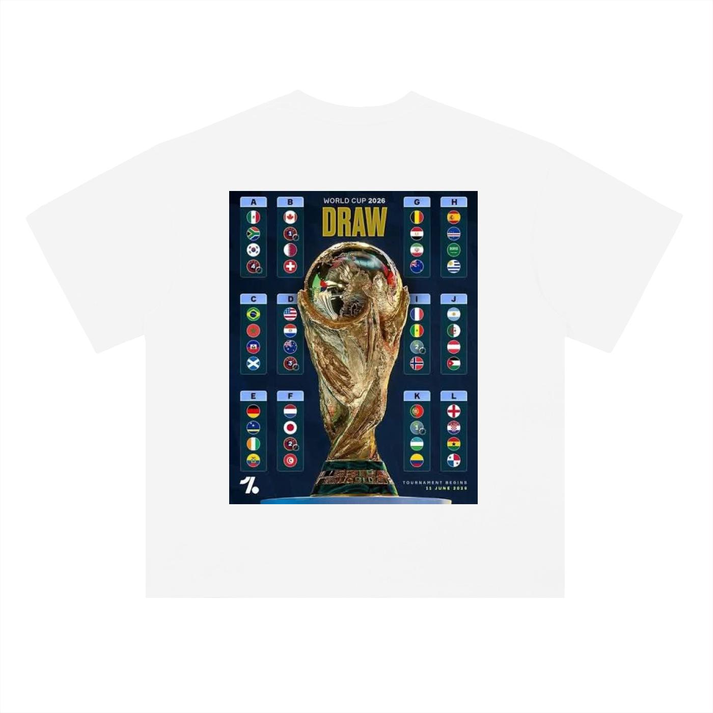 White t-shirt with World Cup trophy and flags design on a white background