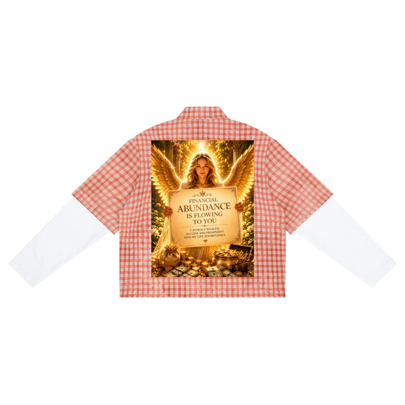 A short-sleeve collared shirt with a red and white gingham pattern, featuring a large graphic print on the front depicting an angel with wings and a sign that reads 'Financial Abundance is Flowing to You'.