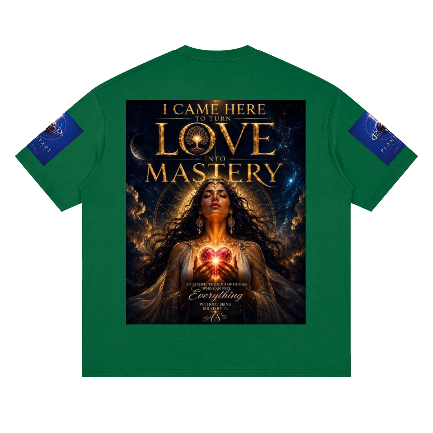 Green t-shirt with a graphic design featuring a woman's face and text on a white background