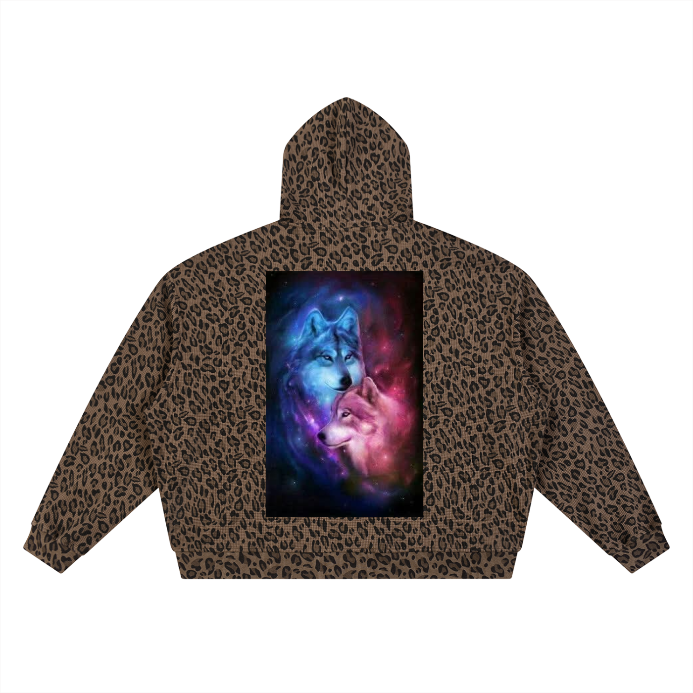Leopard print hoodie with a wolf design on a white background