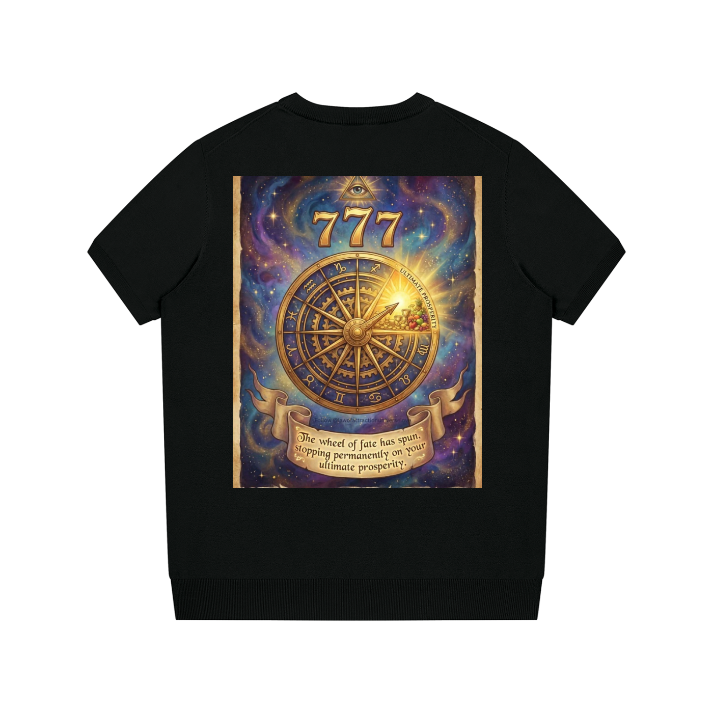 A black short-sleeve crewneck sweatshirt featuring a large, detailed cosmic graphic on the back. The graphic displays a golden wheel of fate, the number 777, and a glowing sun in a starry purple and blue nebula with a banner containing text.