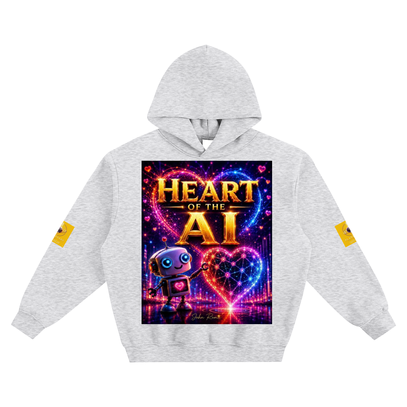 A light heather gray pullover hoodie featuring a large, vibrant graphic print on the front with the text 'HEART OF THE AI' and a cartoon robot, plus small yellow graphic patches on both sleeves, shown against a plain white background.
