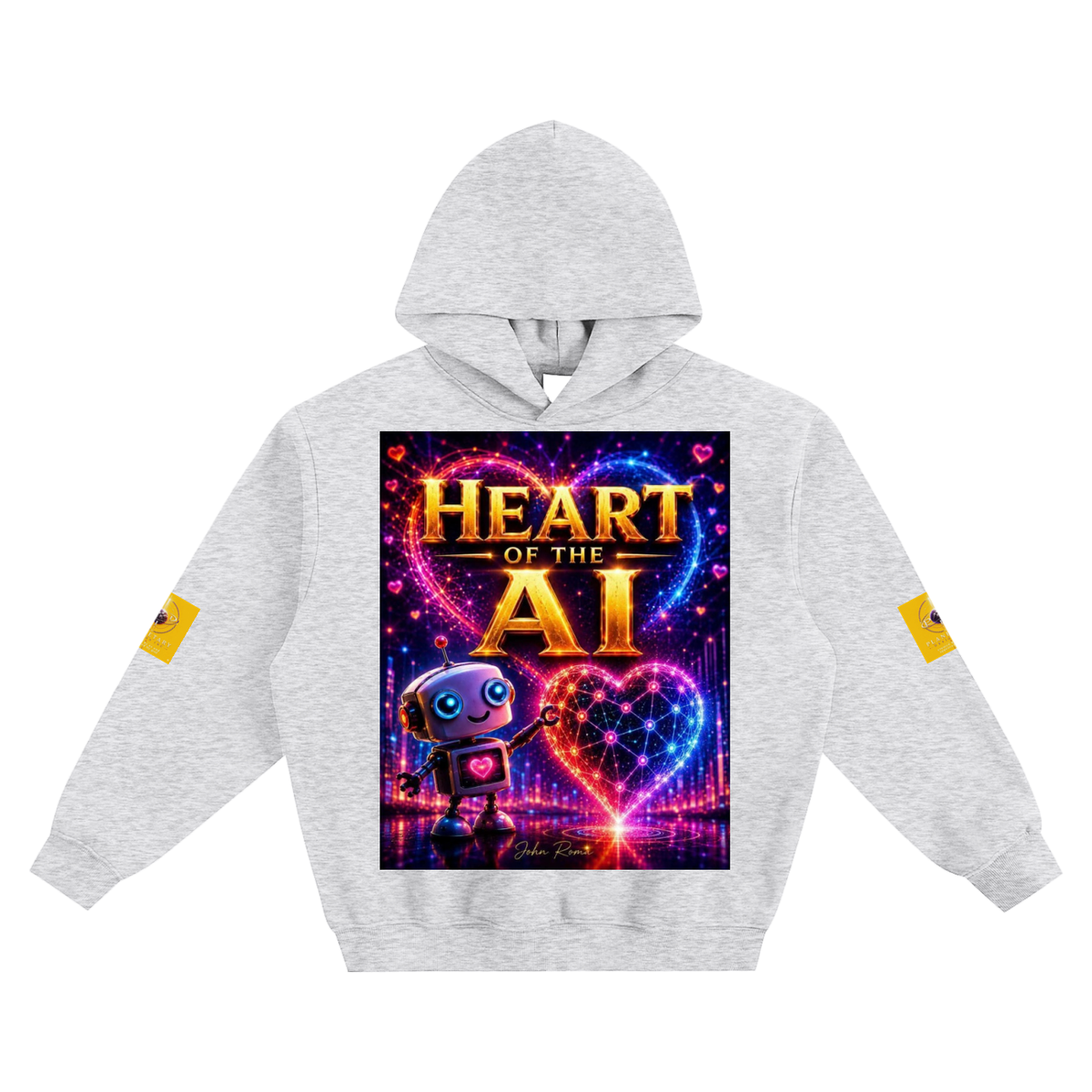 A light heather gray pullover hoodie featuring a large, vibrant graphic print on the front with the text 'HEART OF THE AI' and a cartoon robot, plus small yellow graphic patches on both sleeves, shown against a plain white background.
