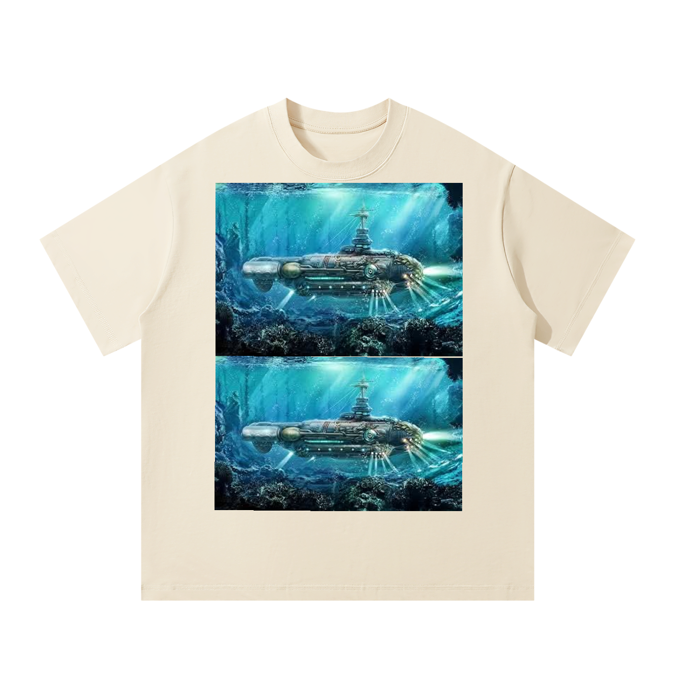 Beige t-shirt with underwater scene design featuring a submarine.