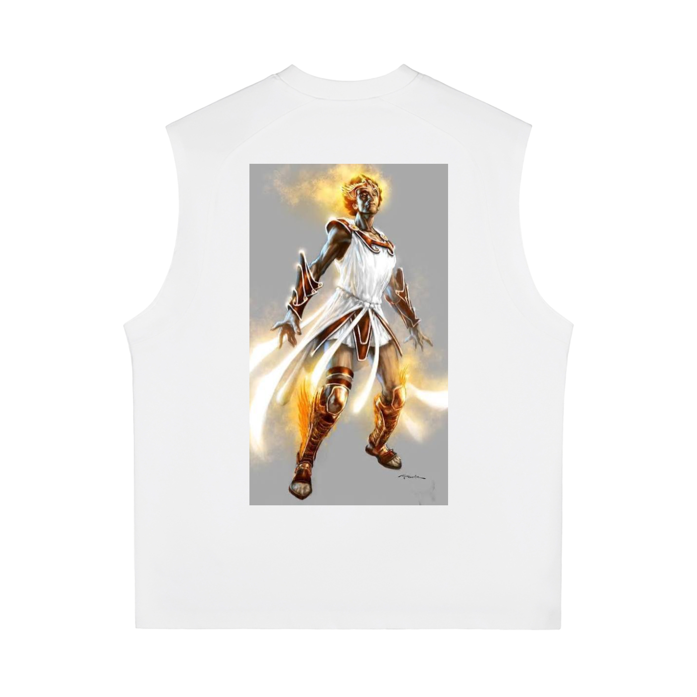 White sleeveless shirt with a graphic of a warrior in a dynamic pose on a white background
