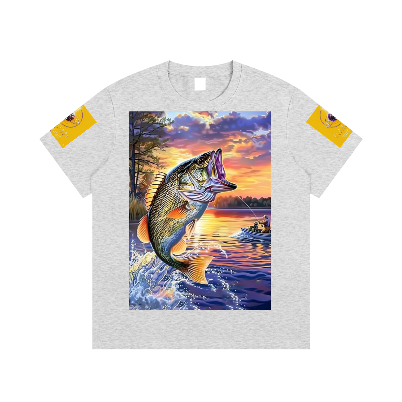 Gray t-shirt with a graphic of a fish leaping out of water at sunset on a white background
