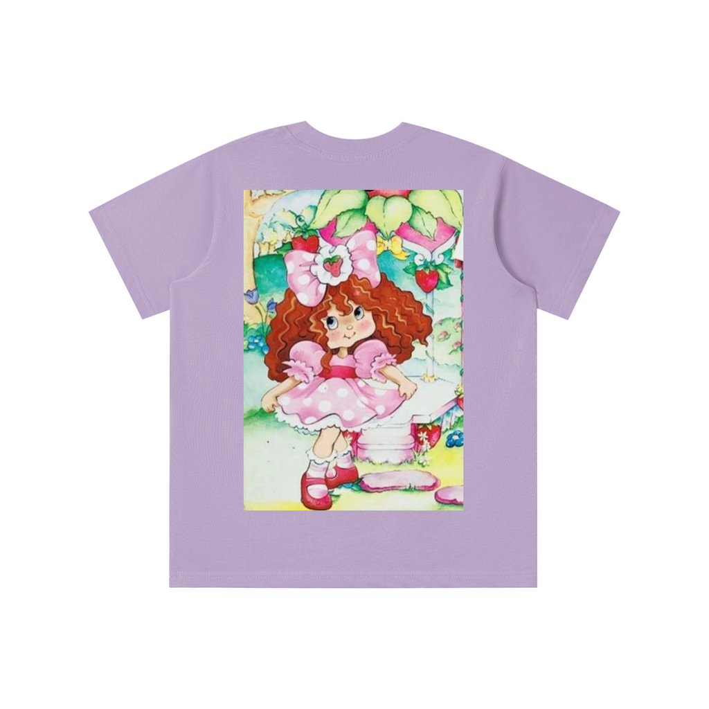 Purple t-shirt with a colorful graphic of a girl in a dress on a white background