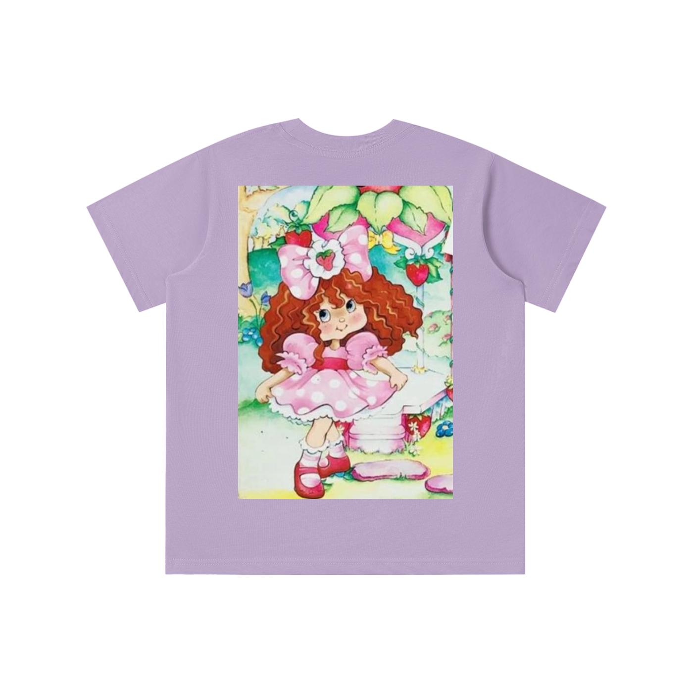 Purple t-shirt with a colorful graphic of a girl in a dress on a white background