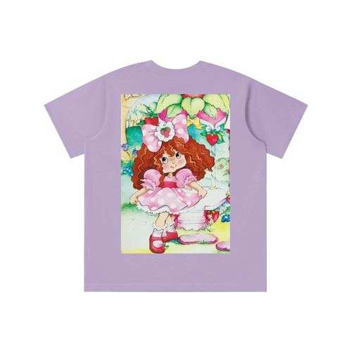 Purple t-shirt with a colorful graphic of a girl in a dress on a white background