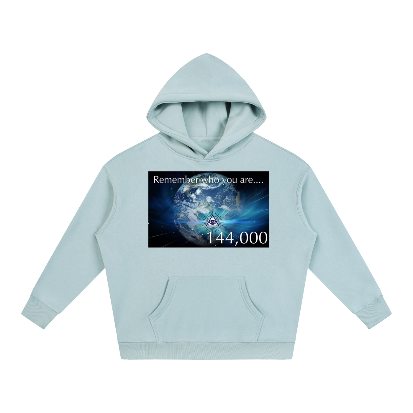 Light blue hoodie with a graphic design on the chest featuring text and an image of the Earth.
