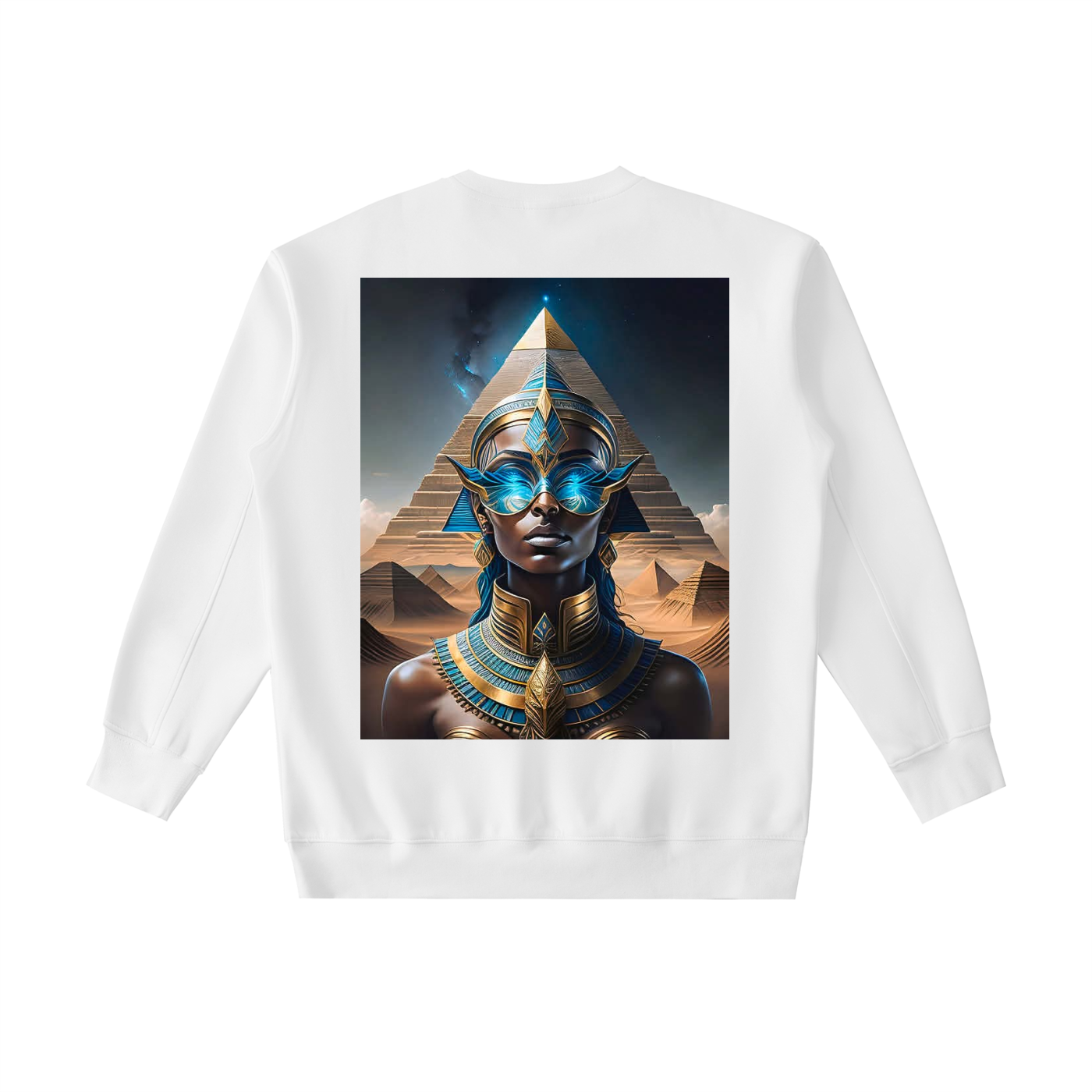 White sweatshirt with a graphic of an Egyptian-themed design on the back