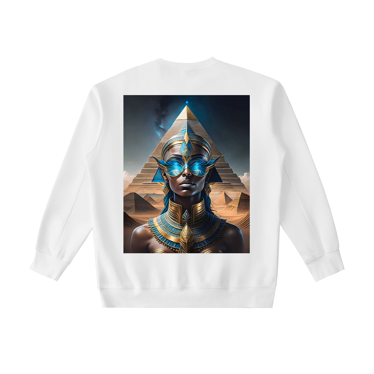 White sweatshirt with a graphic of an Egyptian-themed design on the back