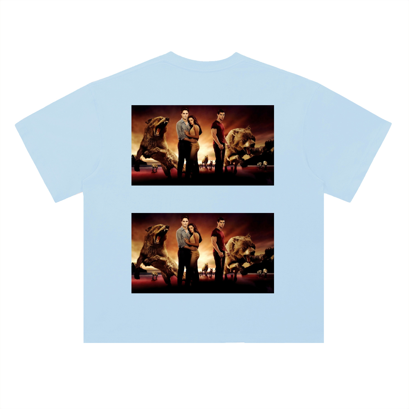Light blue t-shirt with two identical graphic prints of a movie scene featuring lions and people on a white background.