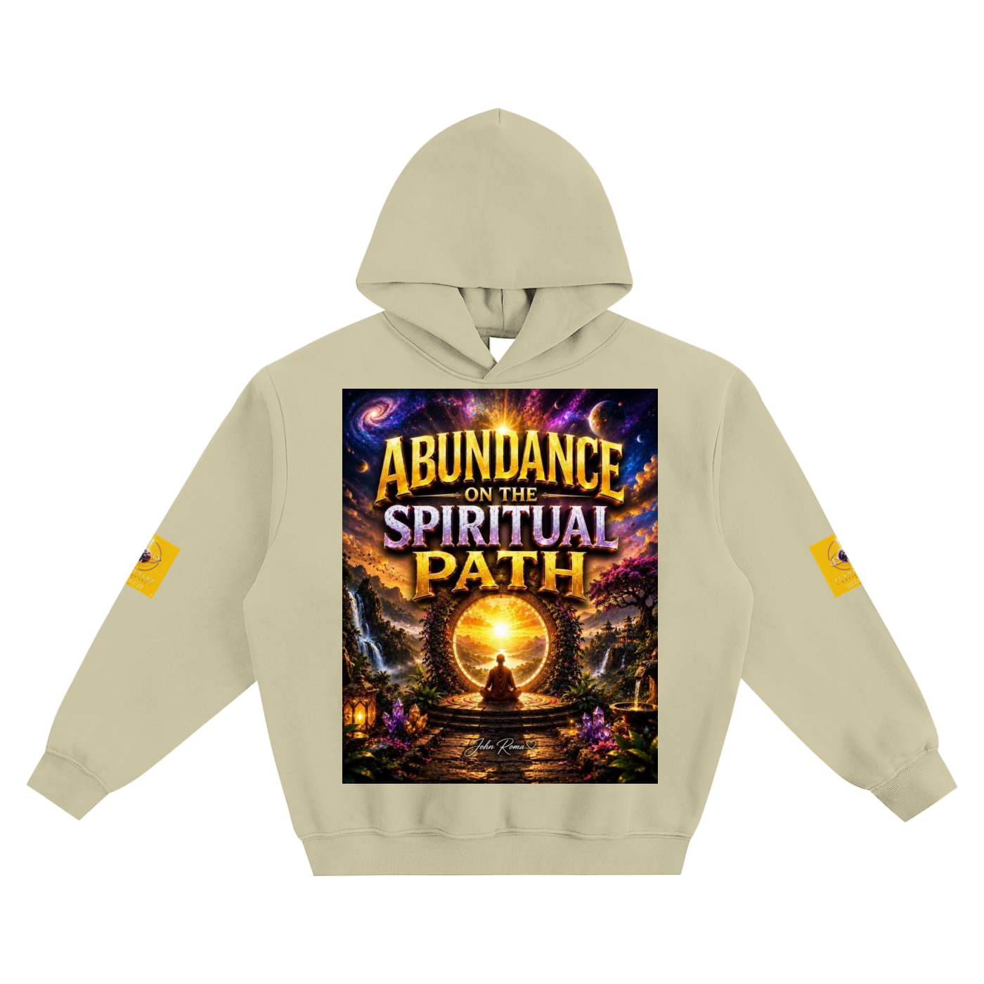 Beige hoodie with a graphic design on the chest featuring text and imagery.