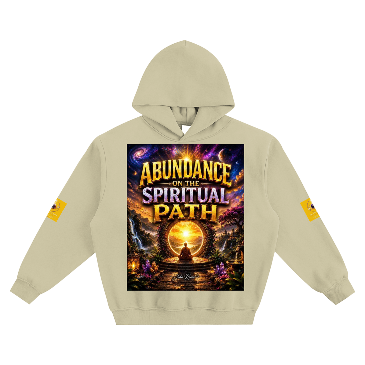 Beige hoodie with a graphic design on the chest featuring text and imagery.