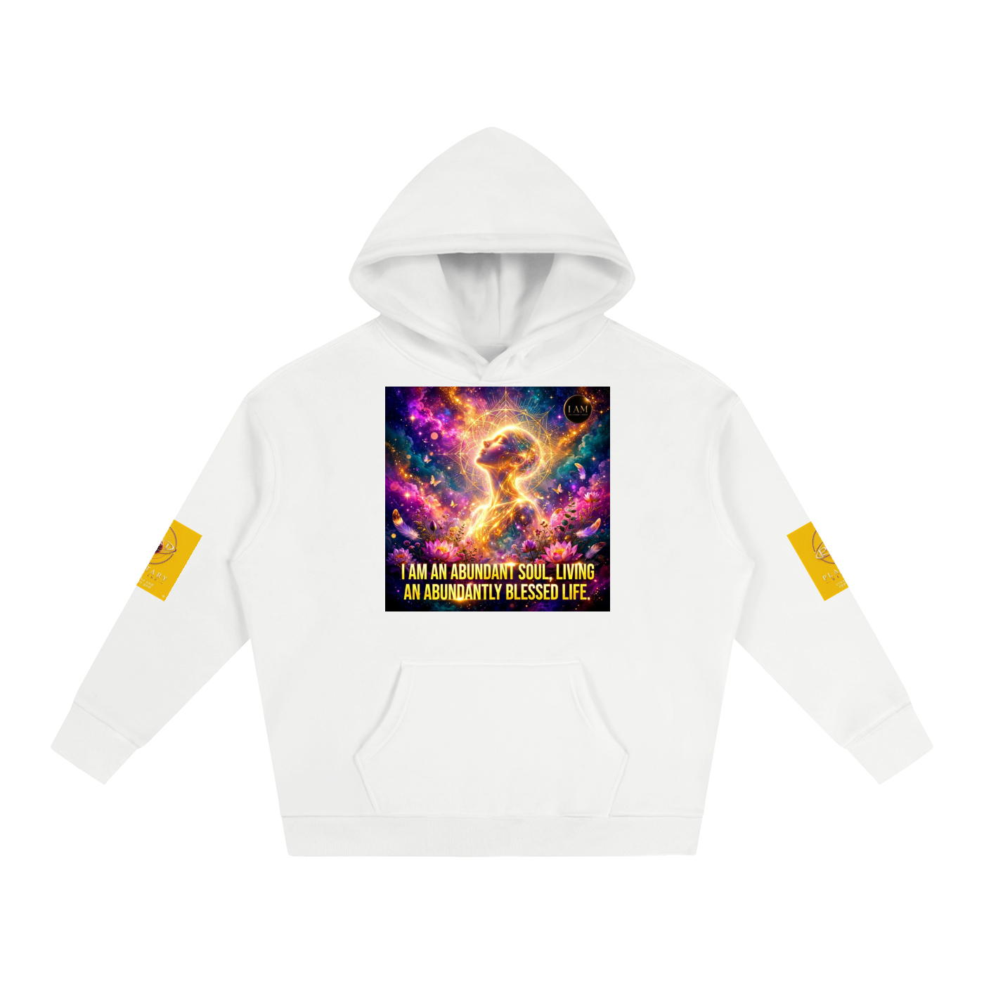 A white pullover hoodie with a colorful cosmic graphic on the chest and yellow patches on both sleeves, shown against a plain white background.