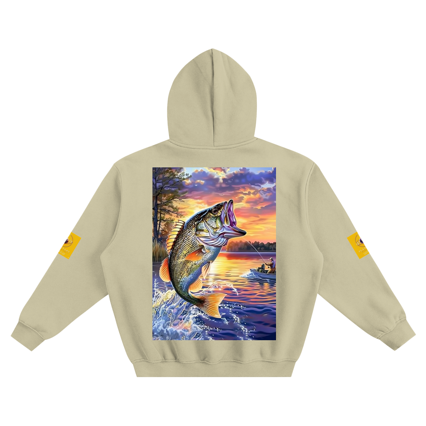Beige hoodie with a fish and sunset design on the back, on a white background