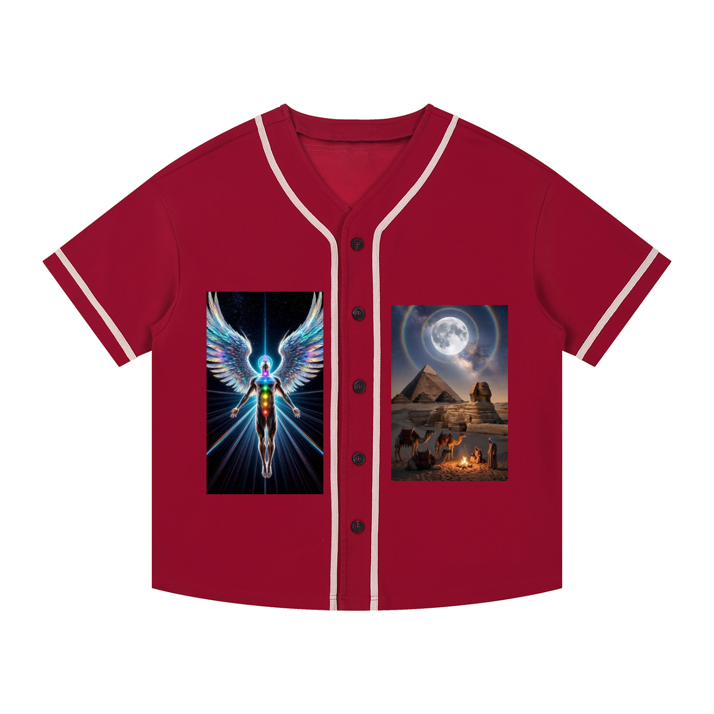 A short-sleeve baseball-style button-up shirt in deep red, featuring white trim along the collar and sleeve cuffs. The front has a vertical row of black buttons and two large rectangular graphic prints: one on the left chest showing a glowing angel figure, and one on the right chest showing a desert scene with pyramids, camels, and a full moon.