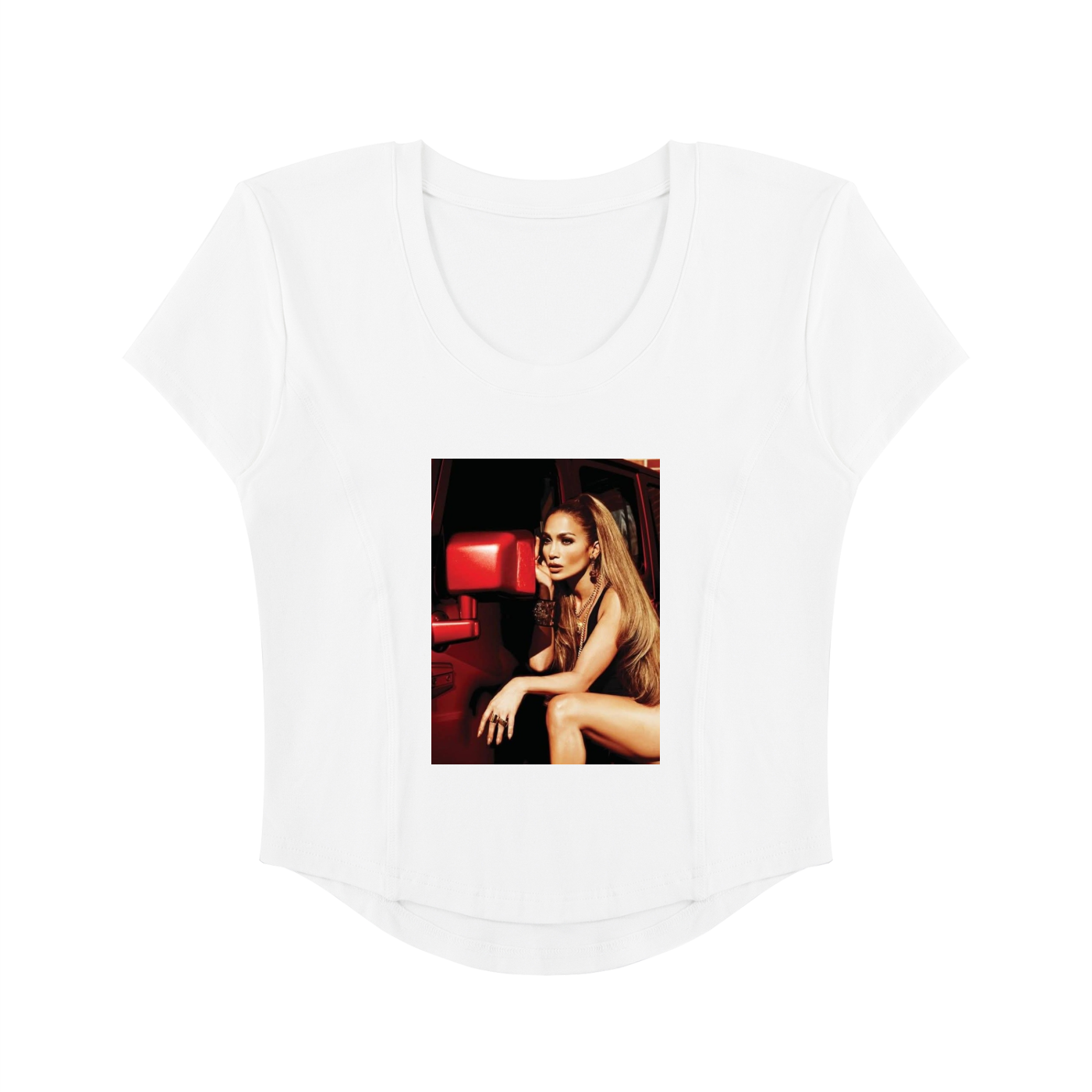 White t-shirt with a printed design of a woman sitting on a red couch.
