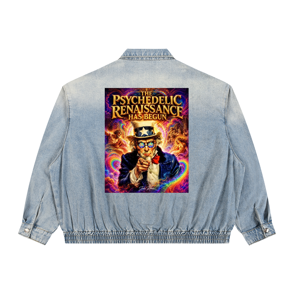 Denim jacket with a colorful graphic on the back featuring text and a person smoking a cigarette.