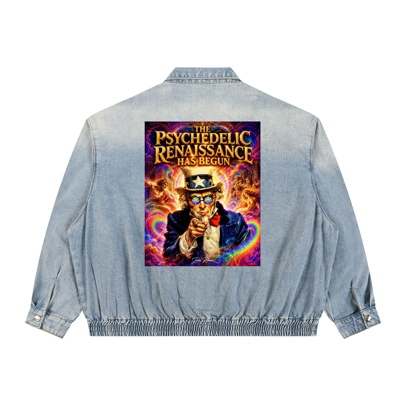 Denim jacket with a colorful graphic on the back featuring text and a person smoking a cigarette.