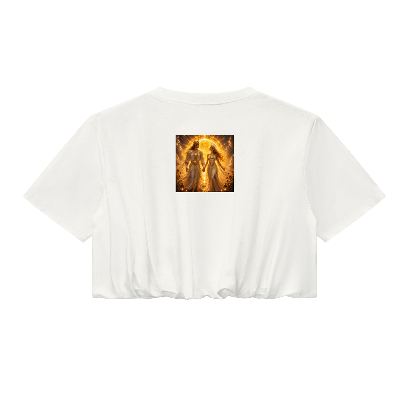 White t-shirt with a graphic design on the back against a white background