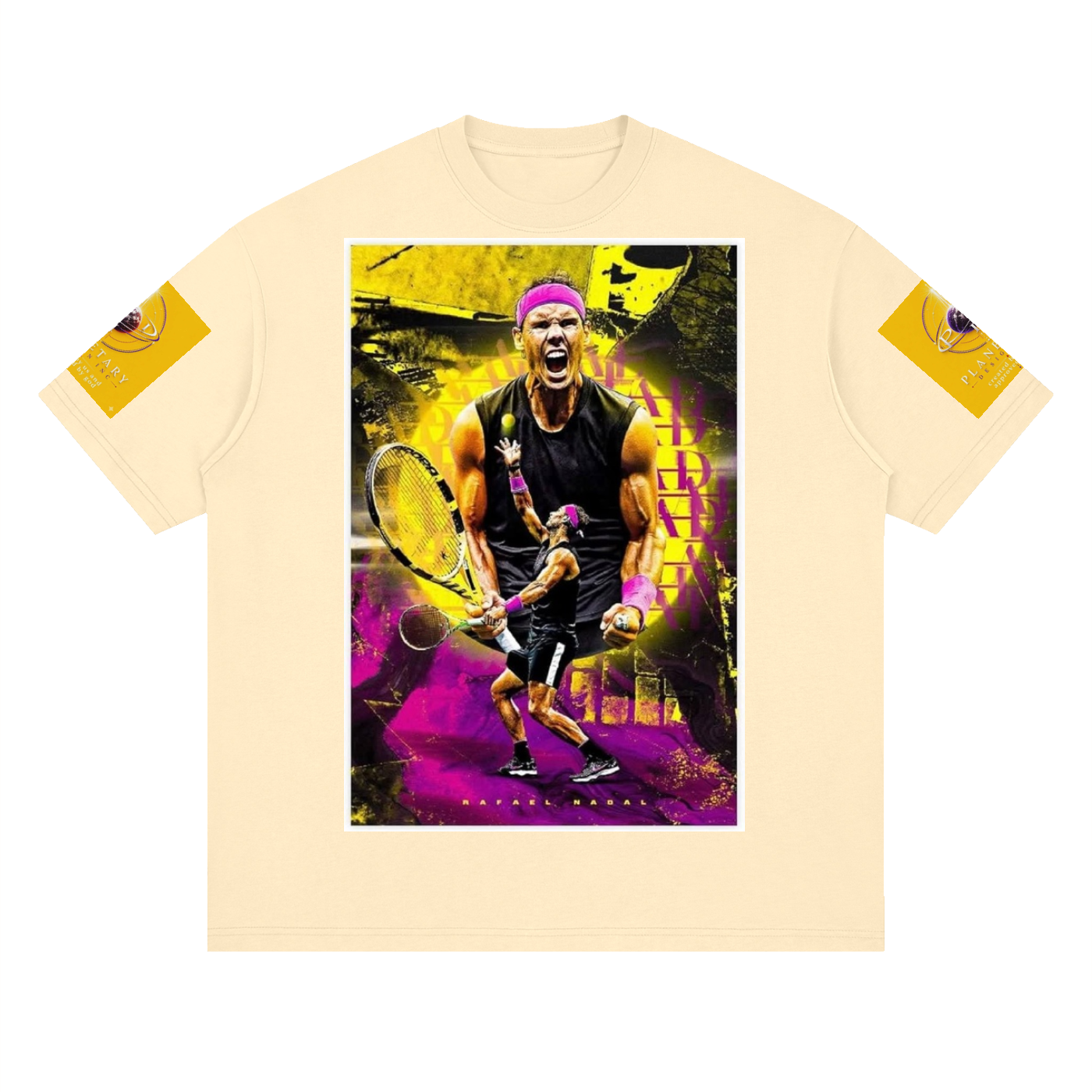 Beige t-shirt with a graphic of a tennis player on a white background