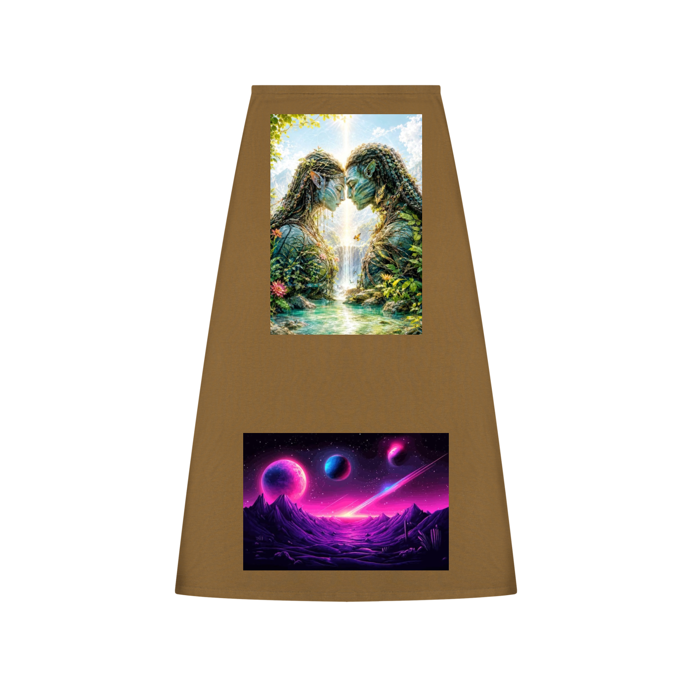 Brown towel with a nature-themed design on one side and a space-themed design on the other, on a white background.