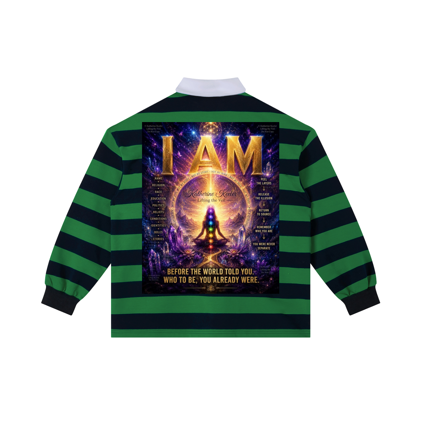 A long-sleeve rugby shirt shown from the back, featuring green and black horizontal stripes with a large graphic print in the center. The graphic displays the text 'I AM' in gold letters over a cosmic purple and gold meditating figure.