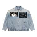 Denim jacket with graphic designs on a white background
