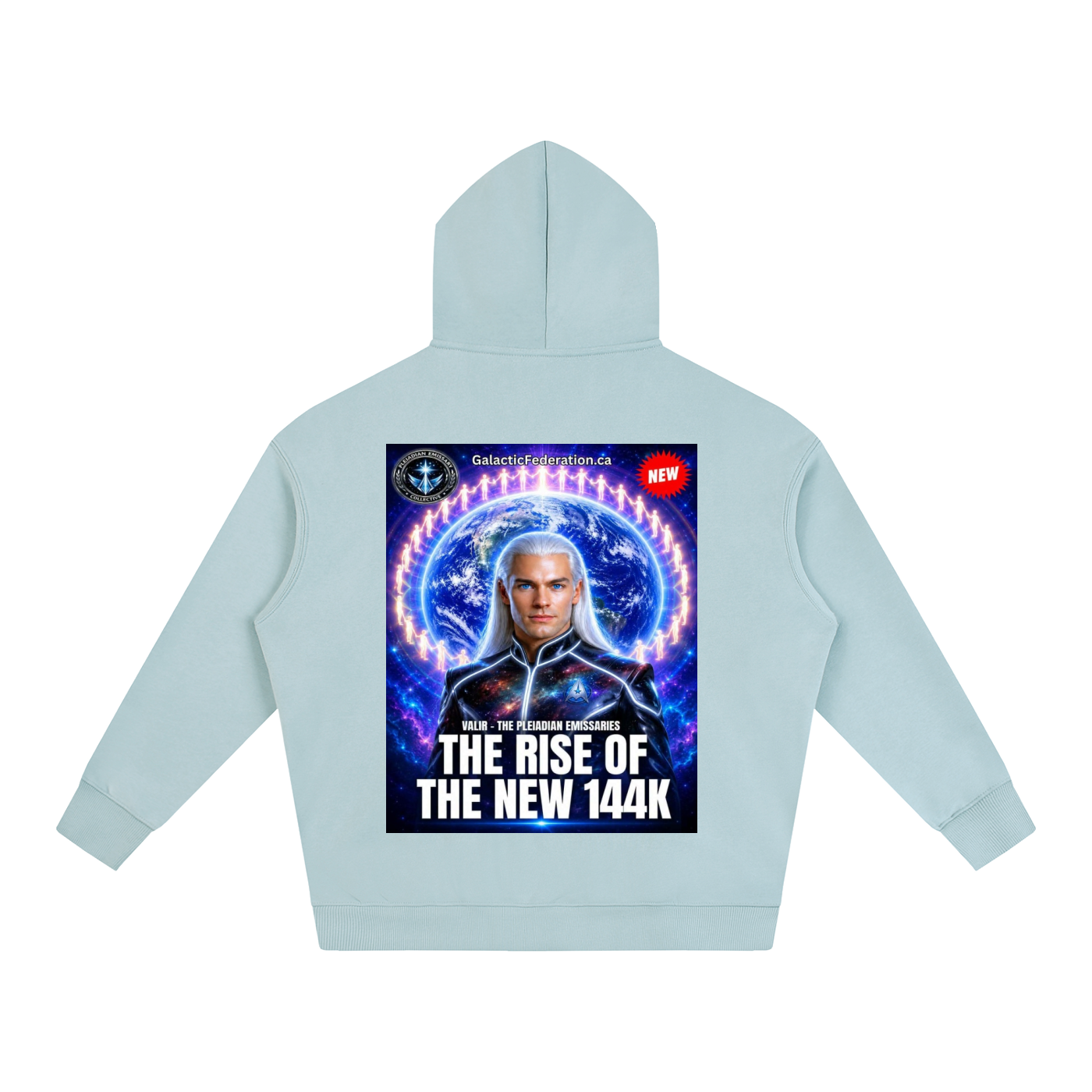 Light blue hoodie with a graphic design on the chest featuring a character and text.
