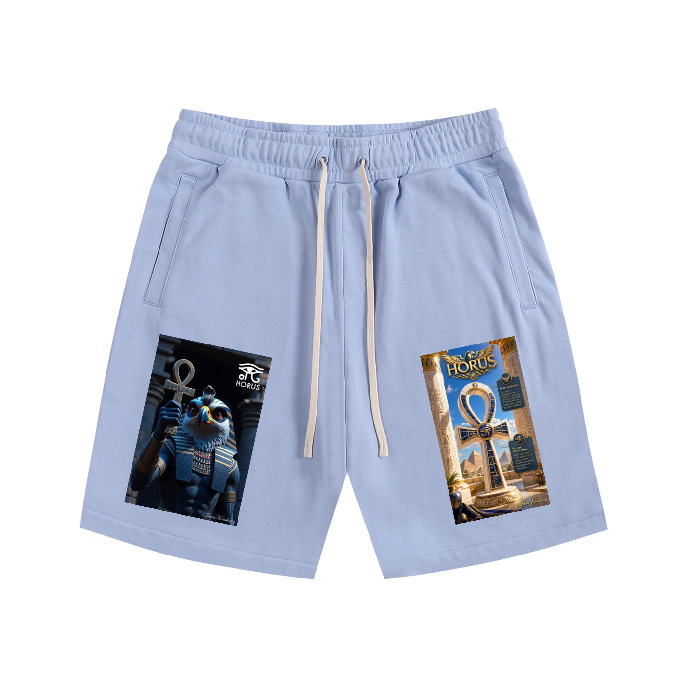 Light blue athletic shorts with a white drawstring, featuring printed graphics of an Egyptian pharaoh and an Ankh symbol on the left and right legs.