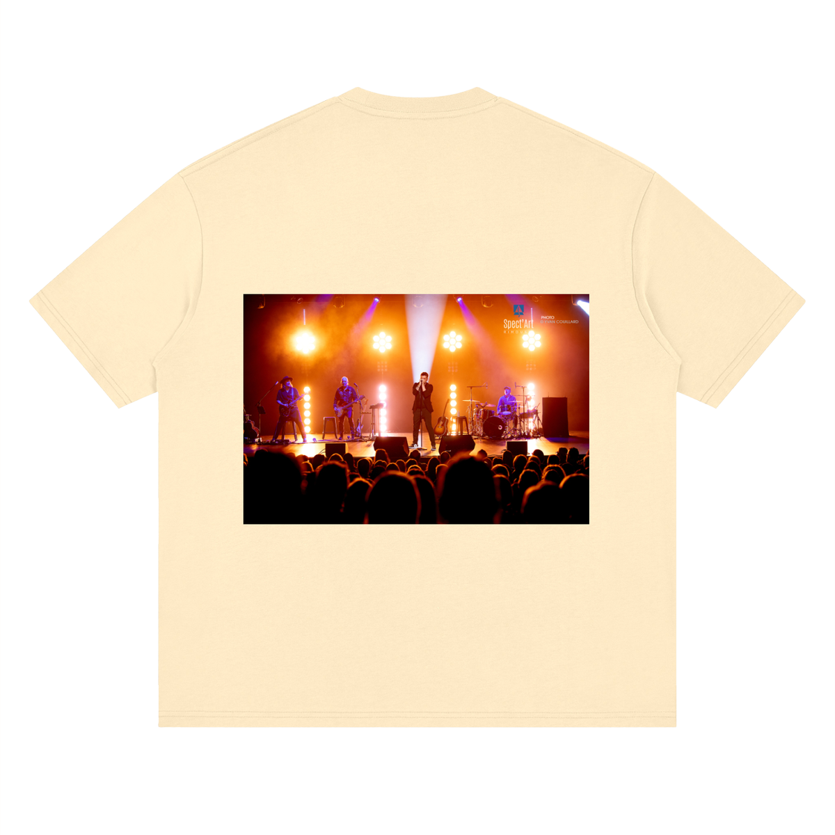 Beige t-shirt with a printed design of a live concert on a white background