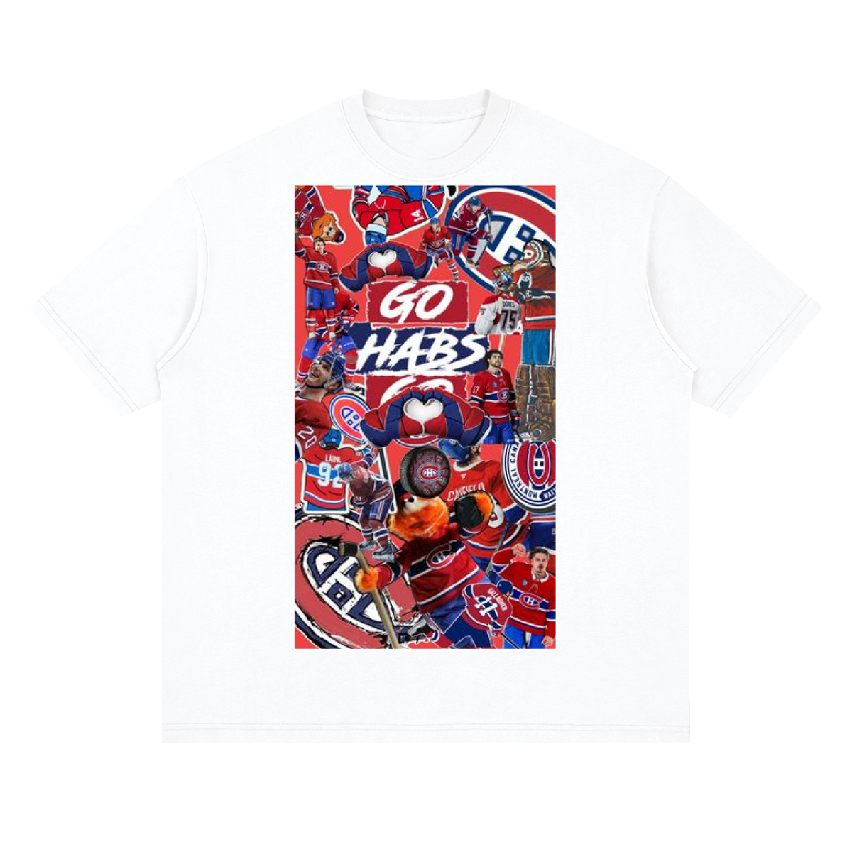 White t-shirt with a colorful sports-themed graphic and 'GO HABS' text on a white background