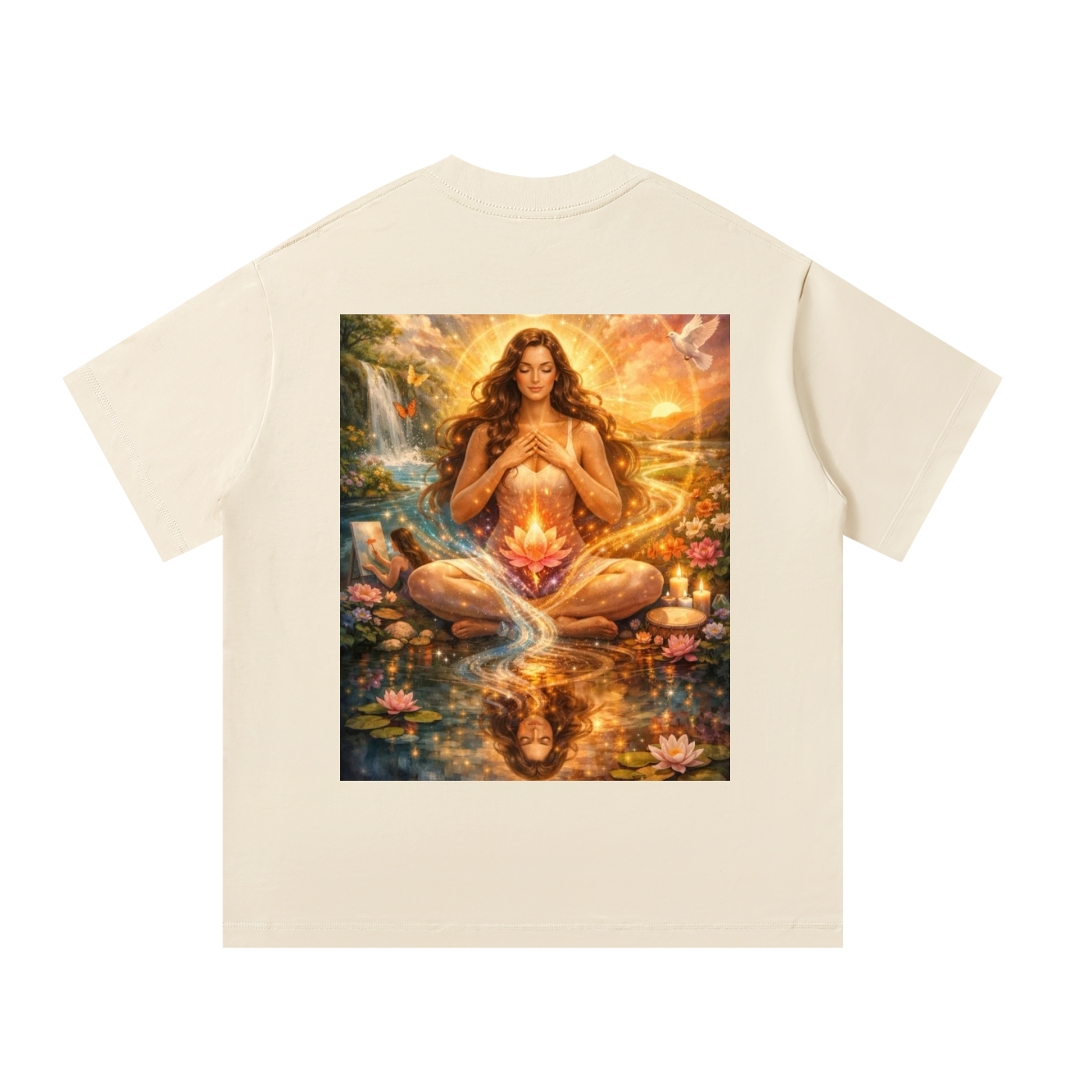 Beige t-shirt with a graphic of a woman in a meditative pose surrounded by nature elements on a white background.