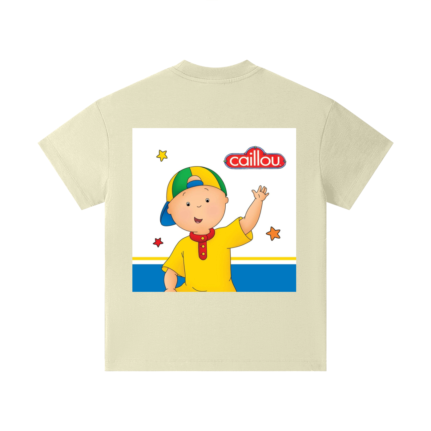 Beige t-shirt with Caillou character and logo on a white background