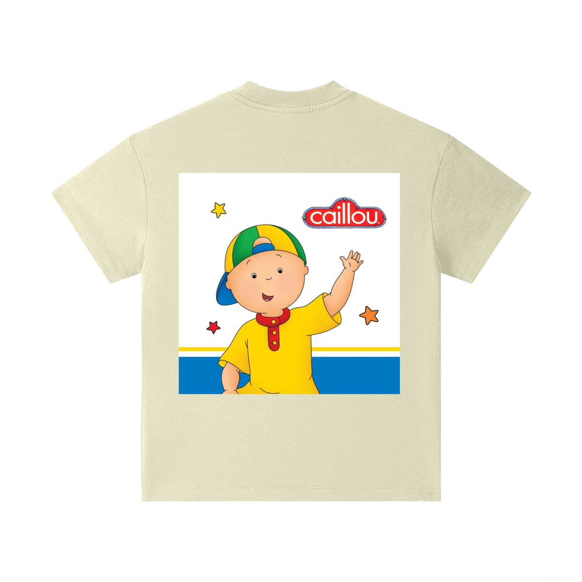 Beige t-shirt with Caillou character and logo on a white background